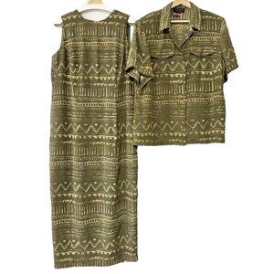 VTG Spencer Jeremy Olive Green Silk Maxi Dress Set Button Up Top Boho Western 14